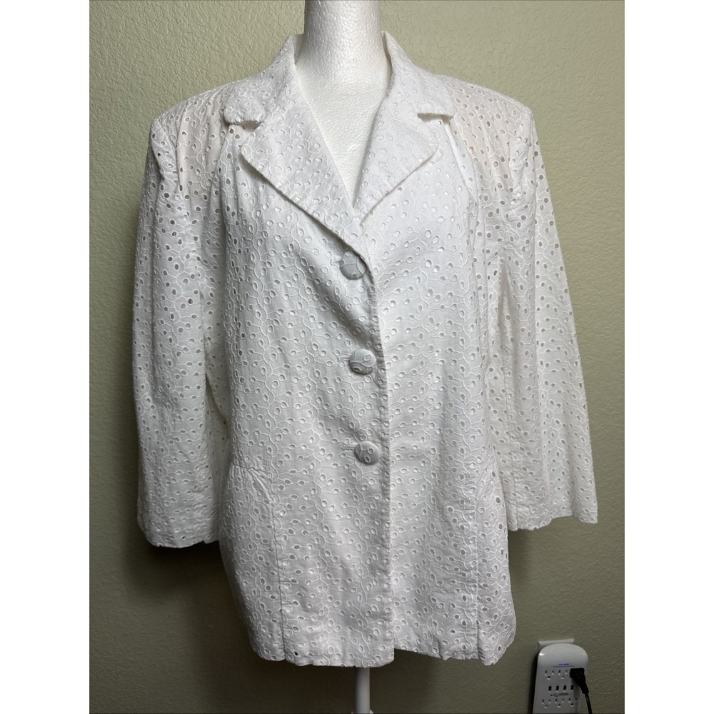 JM Collection Blazer 16‎ White Eyelet Lace Cotton Button Up Lightweight Jacket